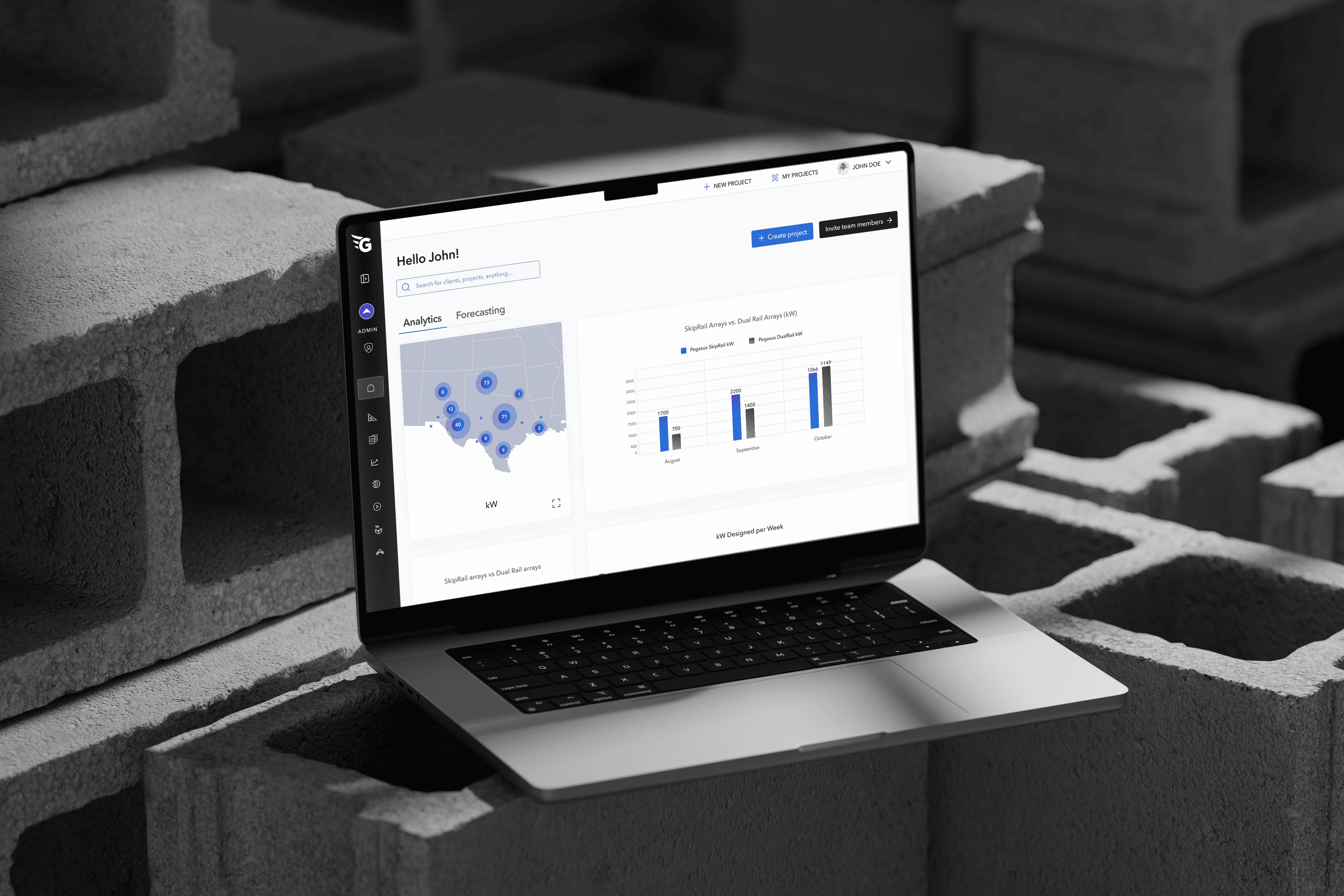 Pegasus Solar analytics dashboard showing project data and forecasting