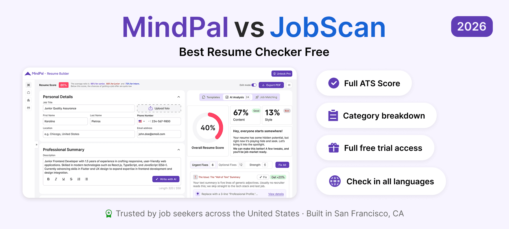 MindPal Resume Checker vs Jobscan.
The Best Jobscan Alternative in 2026.